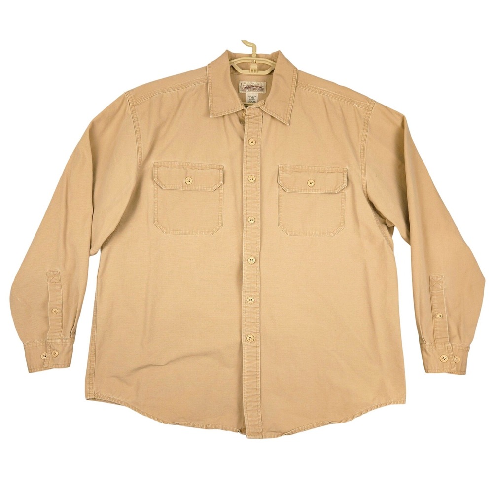 LL Bean Katahdin Iron‎ Works Mens Tan Long Sleeve Cotton Work Shirt L Reg 0DVG9